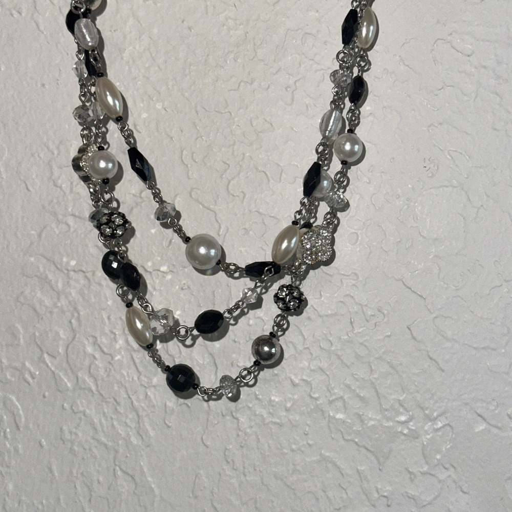 White House Black Market Multi Strand Pearl Black Bead Crystal Necklace Silver